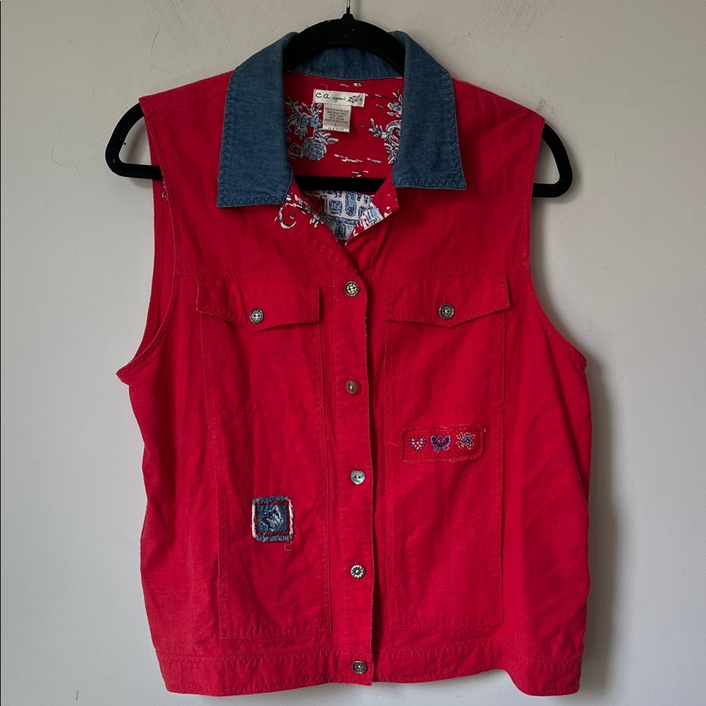 Vintage CA Sport Red Utility Vest Large Embroidered Patch Western Boho 90s ♠️